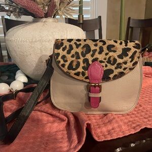 Beige Leather Crossbody with Leopard Flap and Pink Accent